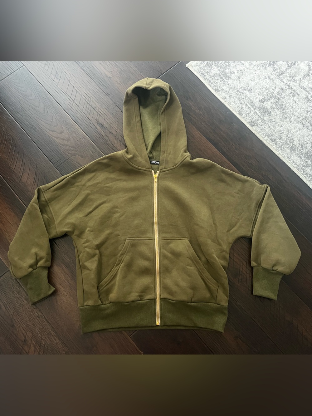 Olive Green Zip-Up Hoodie with Gold Zipper